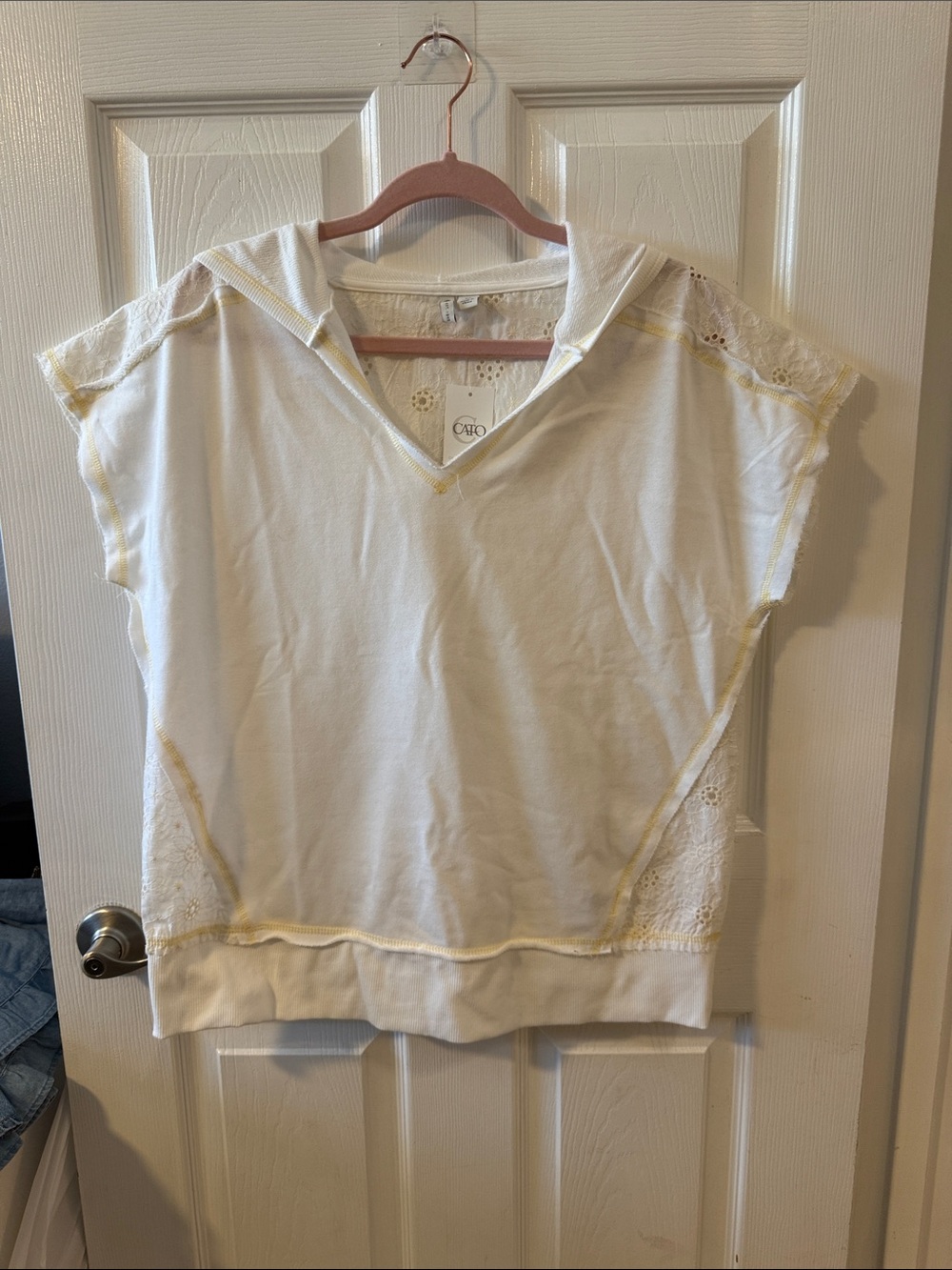Cato White Hooded Short Sleeve Pullover with Yellow Trim